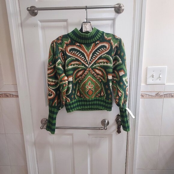 Farm Rio Green Mock Neck Pineapple Ikat Sweater